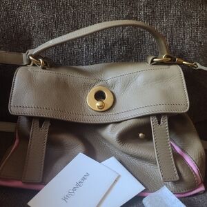 Authentic YSL Yves Saint Laurent Taupe Leather Satchel Bag with Pink Trim